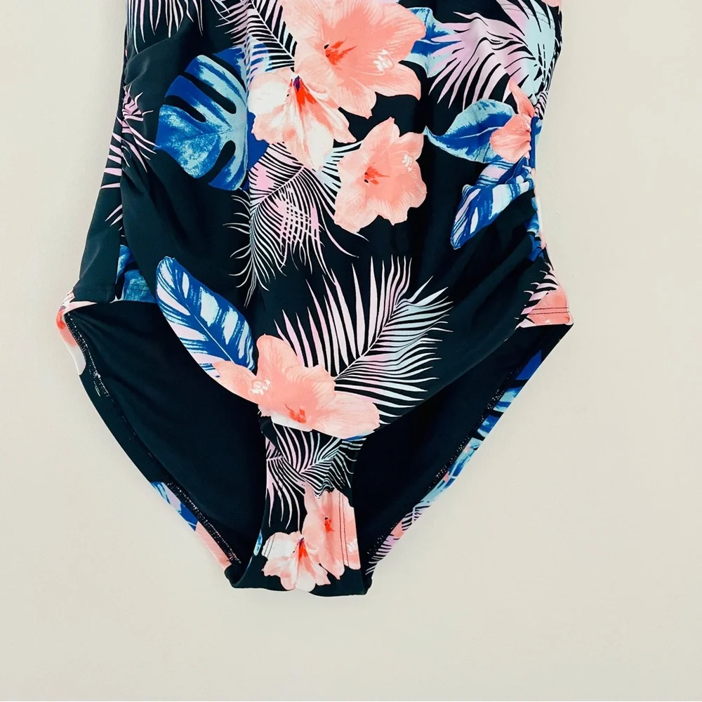 DKNY Black One-Piece Swimsuit Black Vibrant Tropical Floral Accents Large